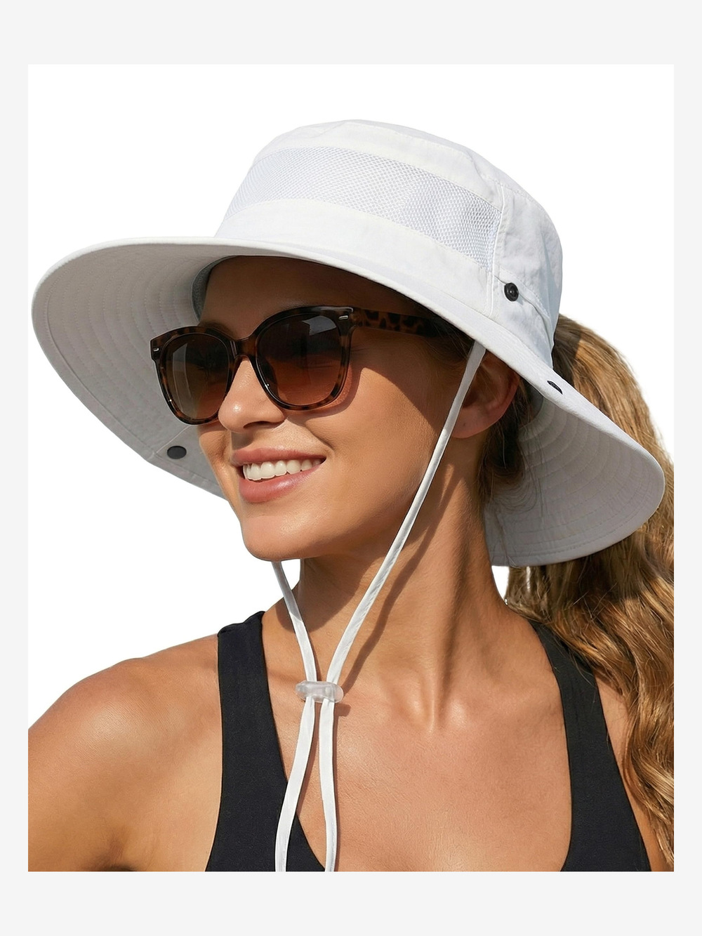 Women's Sun Hat Sun Protection Wide Brim Bucket with Ponytail | White | Size OS